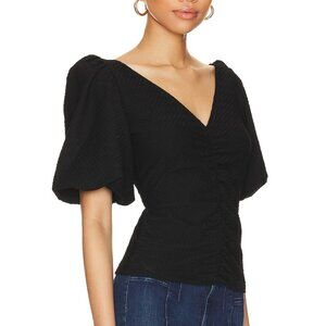 Free People Cupcake Top Size Medium Black V-neck Puff Sleeve Ruched Chic Whimsy